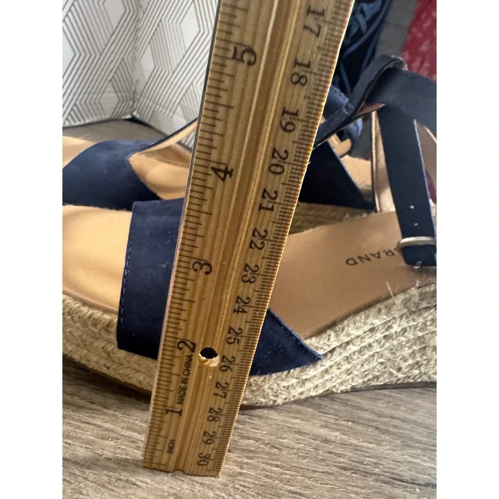 Lucky Brand Valki Navy Blue Leather T-Strap Espadrille Wedge Sandals 6.5M